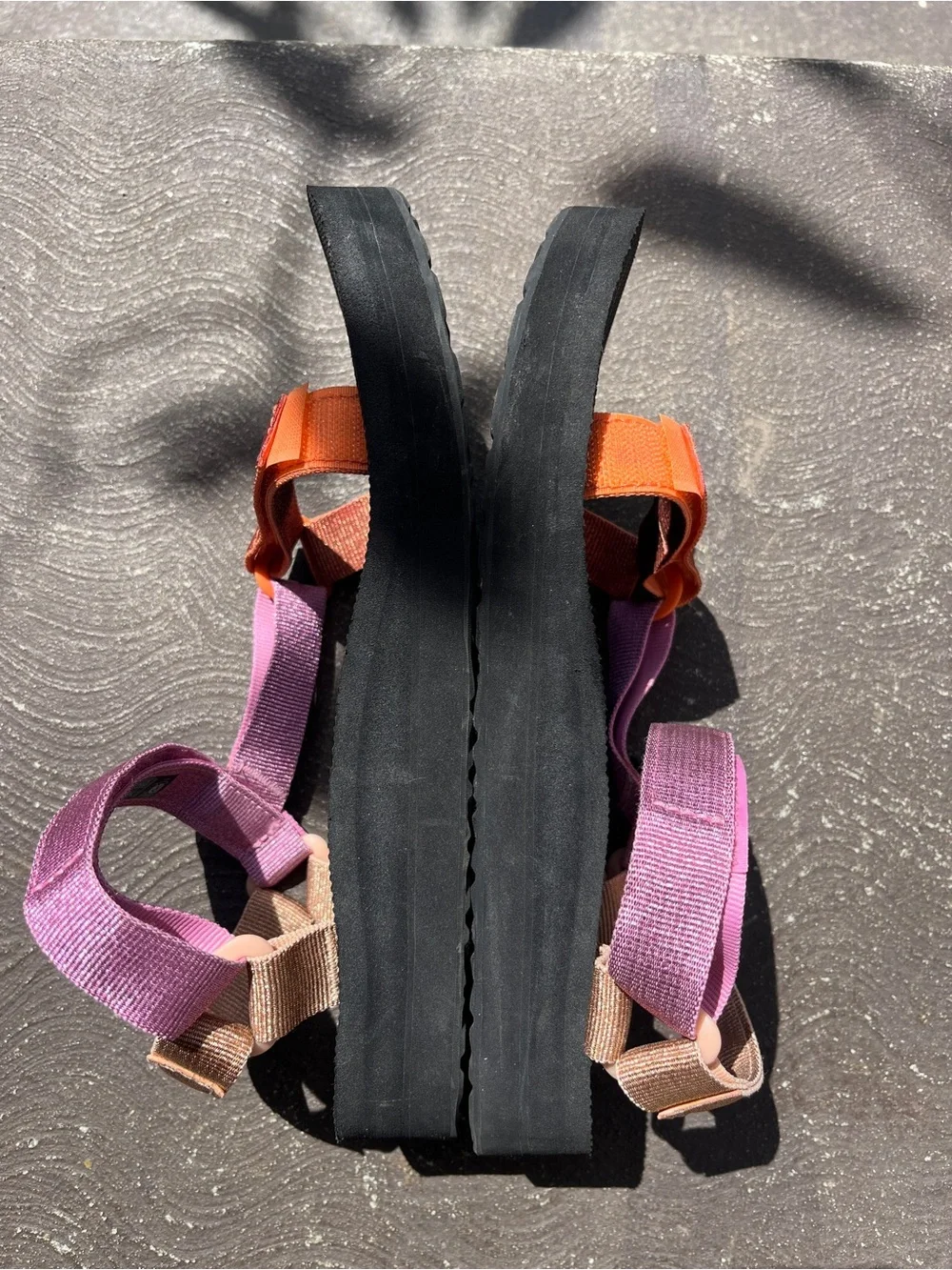 Teva Multicolor Sparkly Strap PlatformSandals in Pink, Orange and Tan